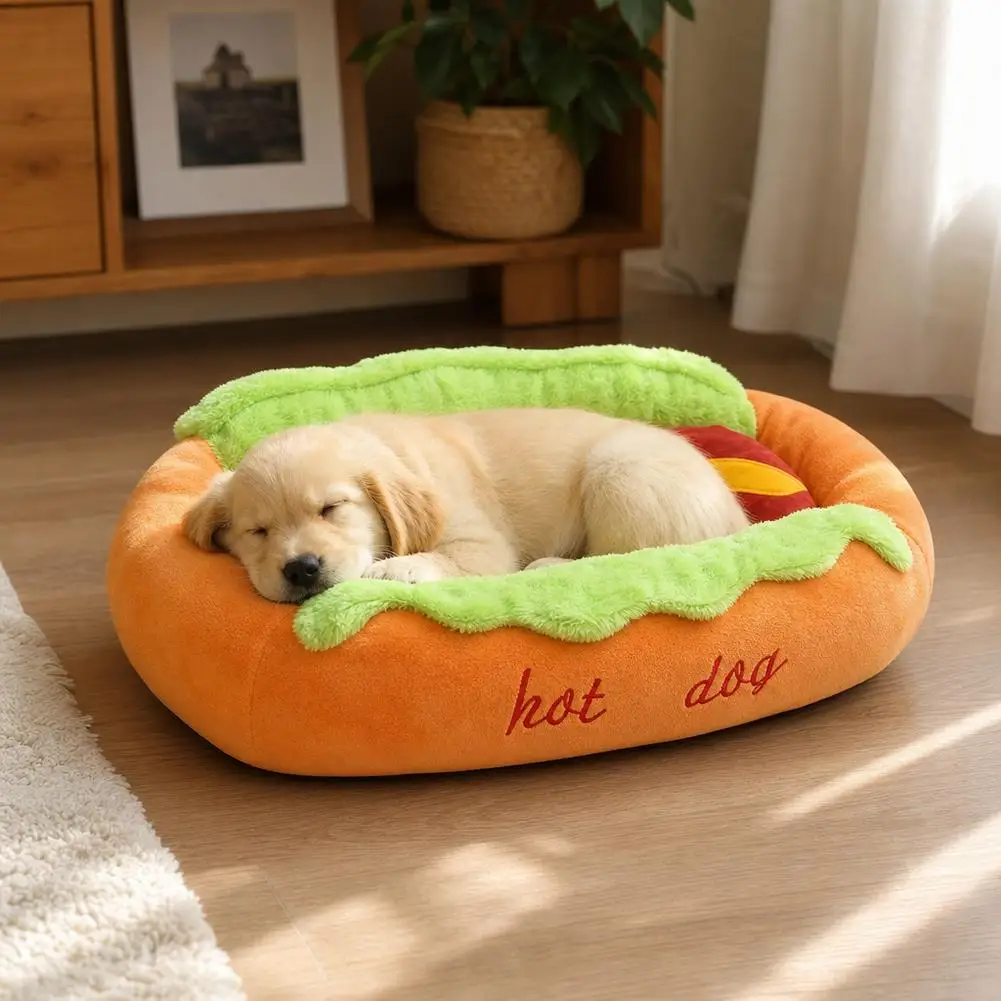 Hot‑Dog Shaped Pet Bed Warm Soft Lounger For Dog Cat Cozy Sleeping Cushion Funny Dog Cat Nest For Small Puppy Kitten Indoor Use
