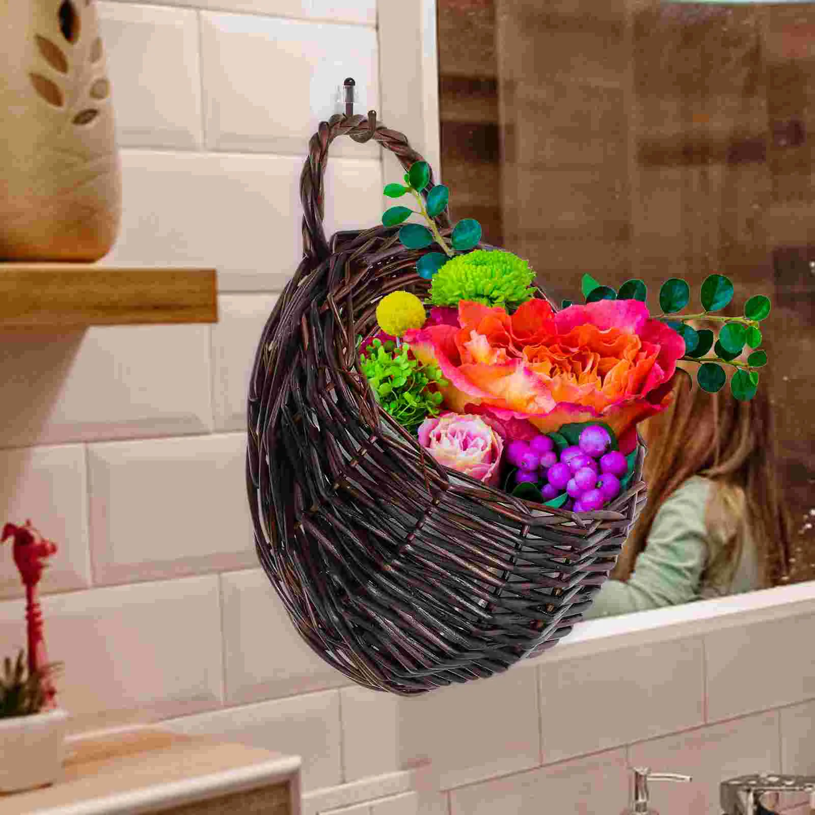 2 Pcs Wall Hanging Rattan Flower Basket Indoor Plants Bathroom Storage Strawberry Woven Baskets for Wooden Holder