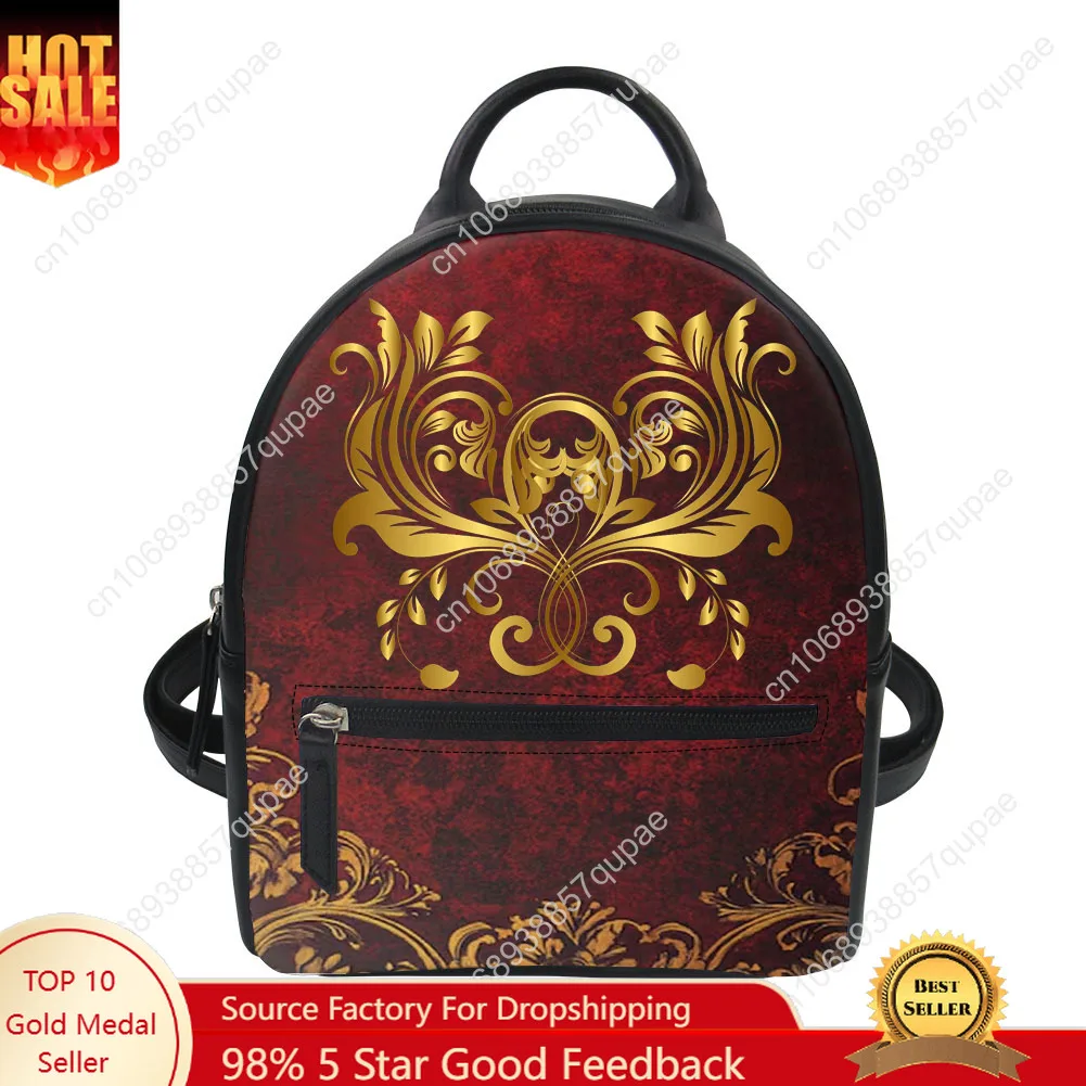 

Baroque Gold European floral pattern Custom Backpack Purse Carter Schoolbags Double Shoulder Bag Mini Daypack Leather Travel Bag