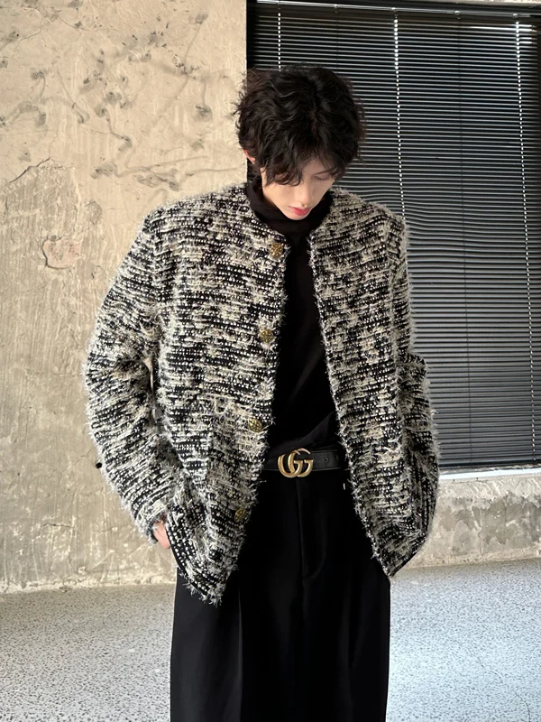

Осенне-зимнее твидовое роскошное мужское пальто без воротника с подплечниками, легкое, элегантное, в корейском стиле