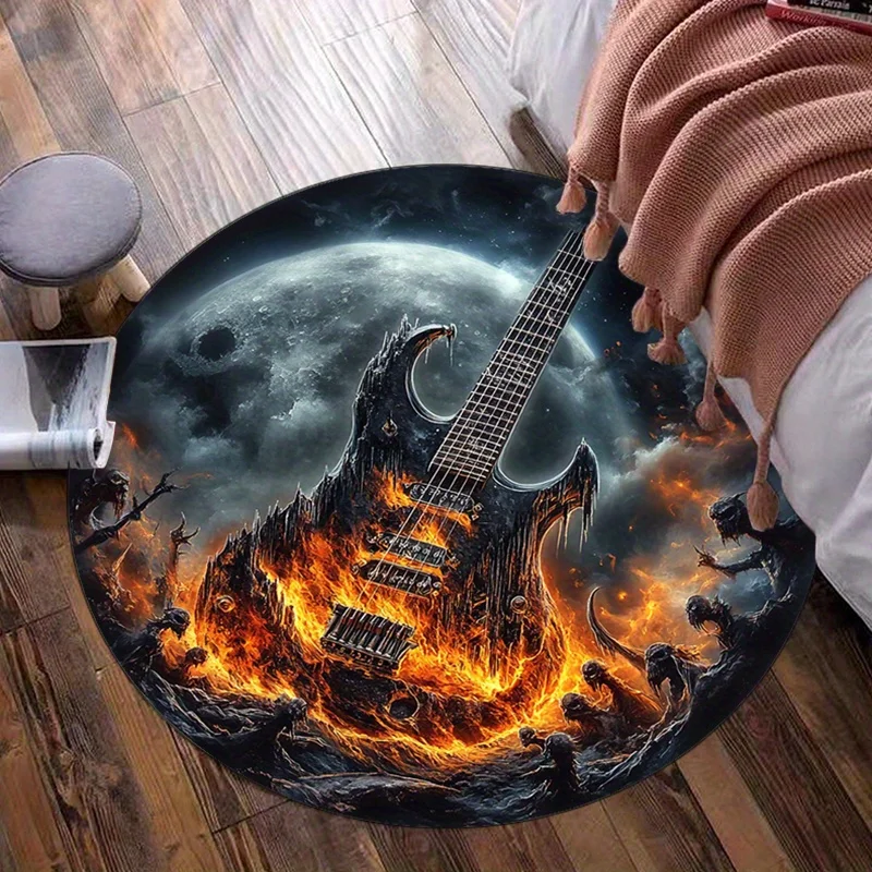Flaming Guitar Moon Night Round Rug Plush Floor Mat Rock Music Band Decor Heavy Metal Theme Bedroom Carpet Music Lover Rug
