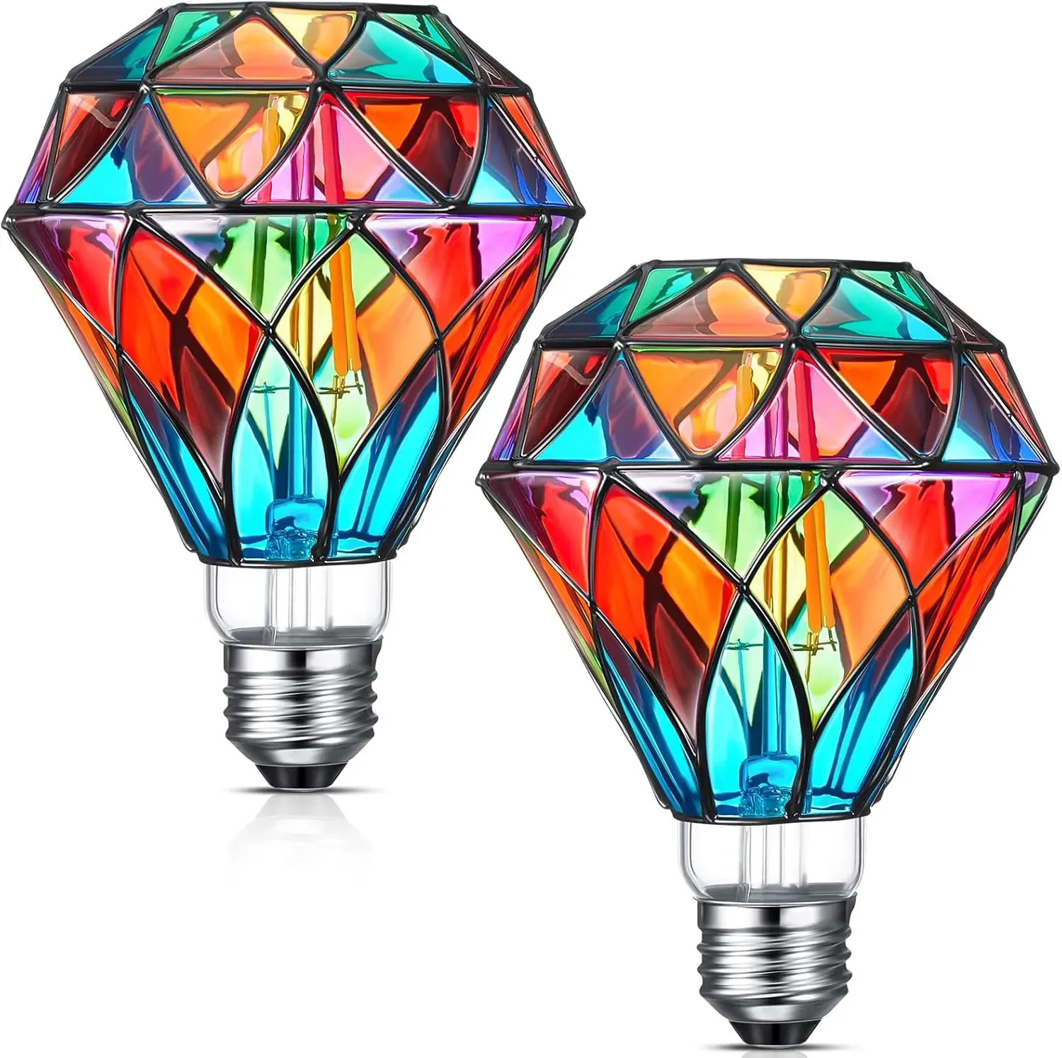 

2 Pcs Stained Glass LED Bulbs, E26 Base, 6W, Diamond Shape, Colorful Flickering for Christmas Party Decor