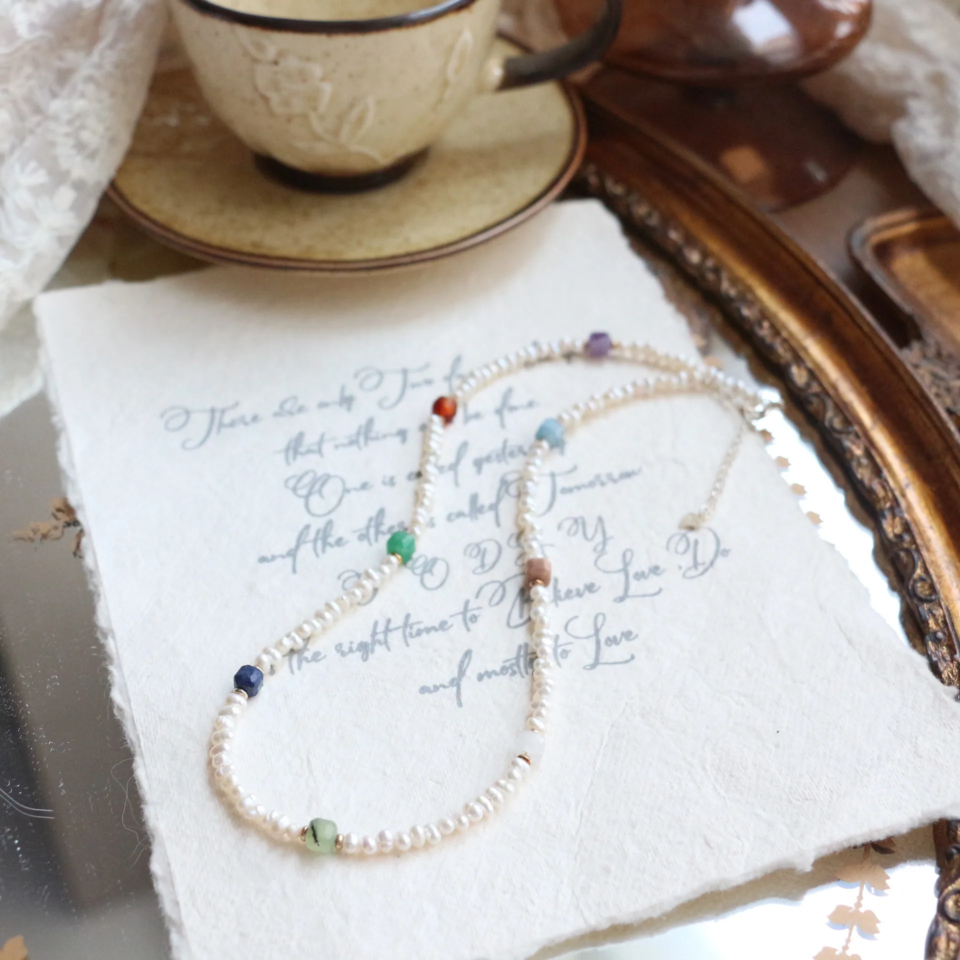 

Natural Pearl Necklace Handmade Beaded Vintage Chinese Style Colorful Gemstone Elegant Collarbone Chain Jewelry