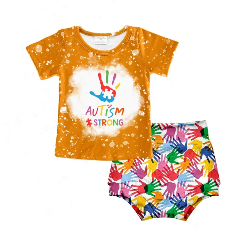 Boutique Kids Autism Letter Clothes Multicolored Printing Pattern Short Sleeve Shorts Sets Wholesale