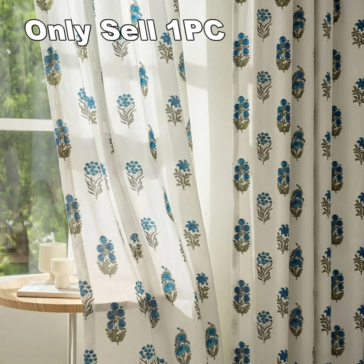 1PC Rainbow Hemp Blue Wind Chime Vintage Sheer Curtain, Light-Transmitting Privacy Window Treatment, Bedroom Living Room Balcony
