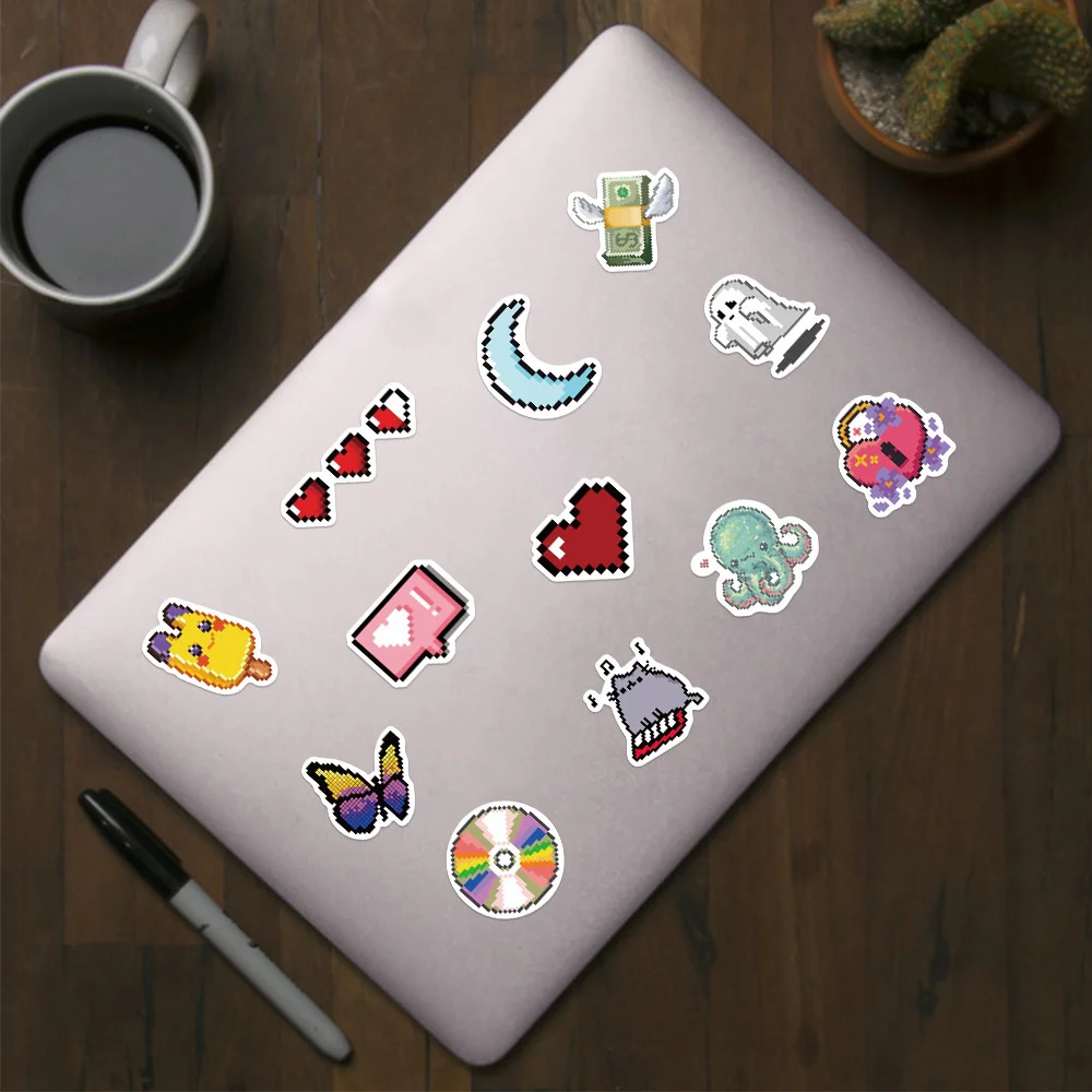 65pcs Ins Cartoon Pixel Stickers For Ipad Laptop Luggage Vintage Scrapbooking Material Skateboard DIY Sticker Craft Supplies