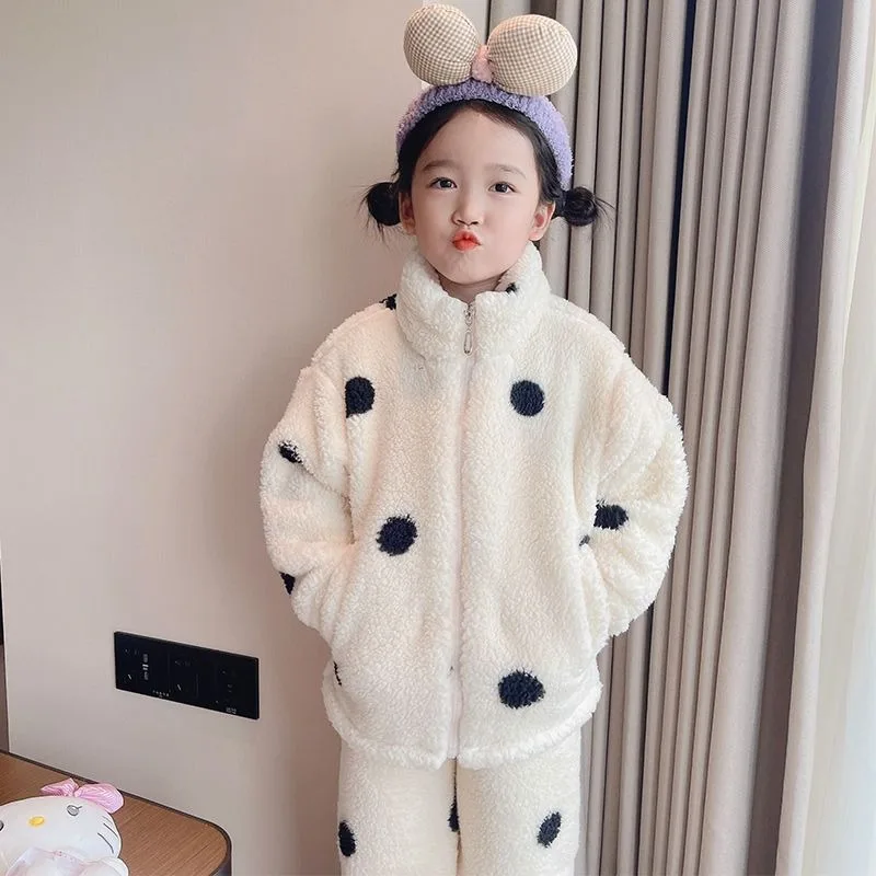 

Soft Winter Corduroy Kids' Pajamas Thickened Thermal Two Piece Set for Girls Indoor Outdoor Wear