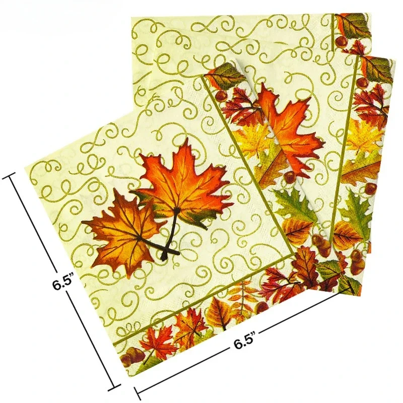 Serviettes imprimées de fête de Thanksgiving sur fond jaune, bordure de noix d'érable, papier papillon Sophia Bartlet bricolage, 33x33cm, 10 pièces, 20 pièces, Pac