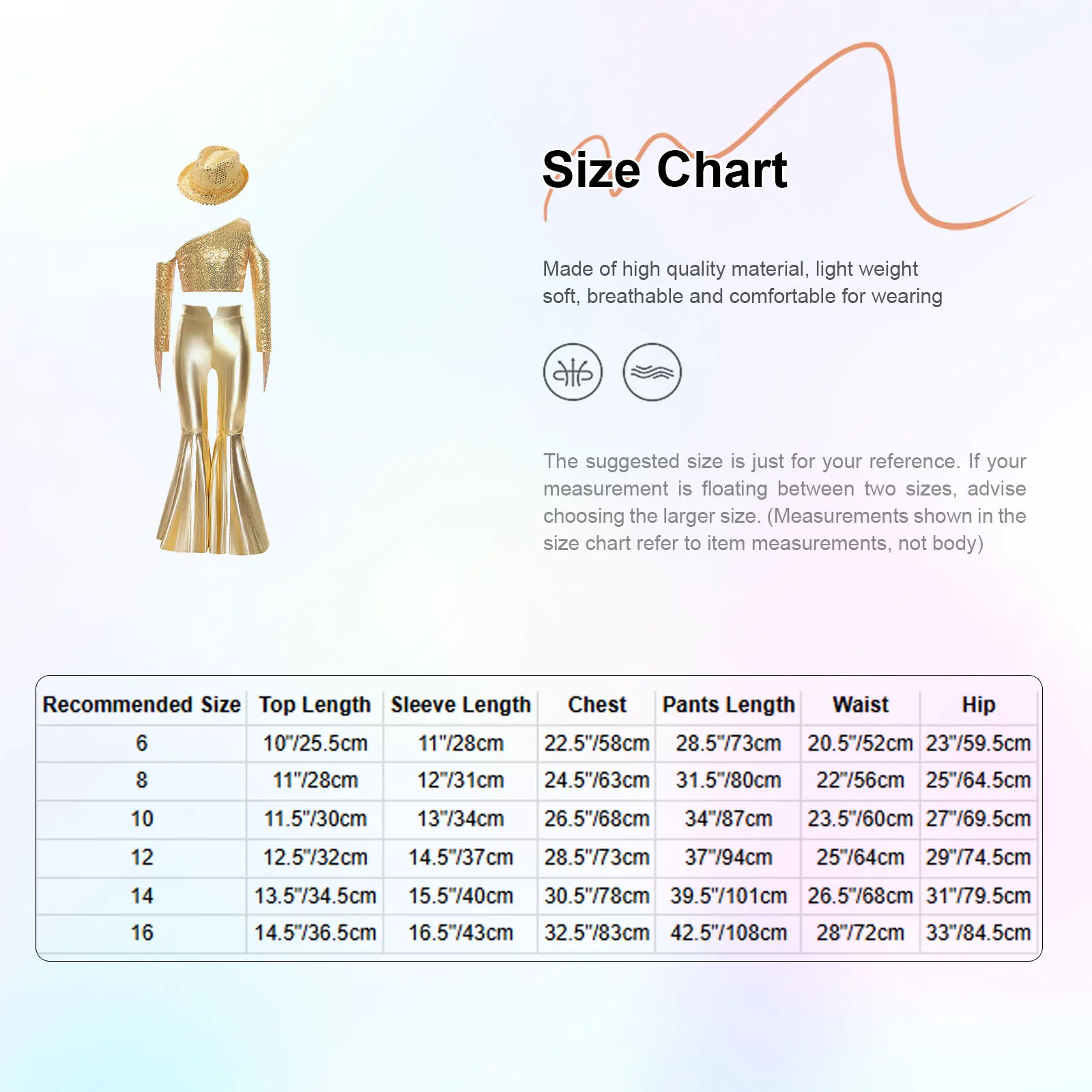 キッズガールズディスコジャズダンスコスチュームワンショルダースパンコールトップ+スプリットベルボトムパンツ+帽子ページェントセットベリーダンスパフォーマンス用