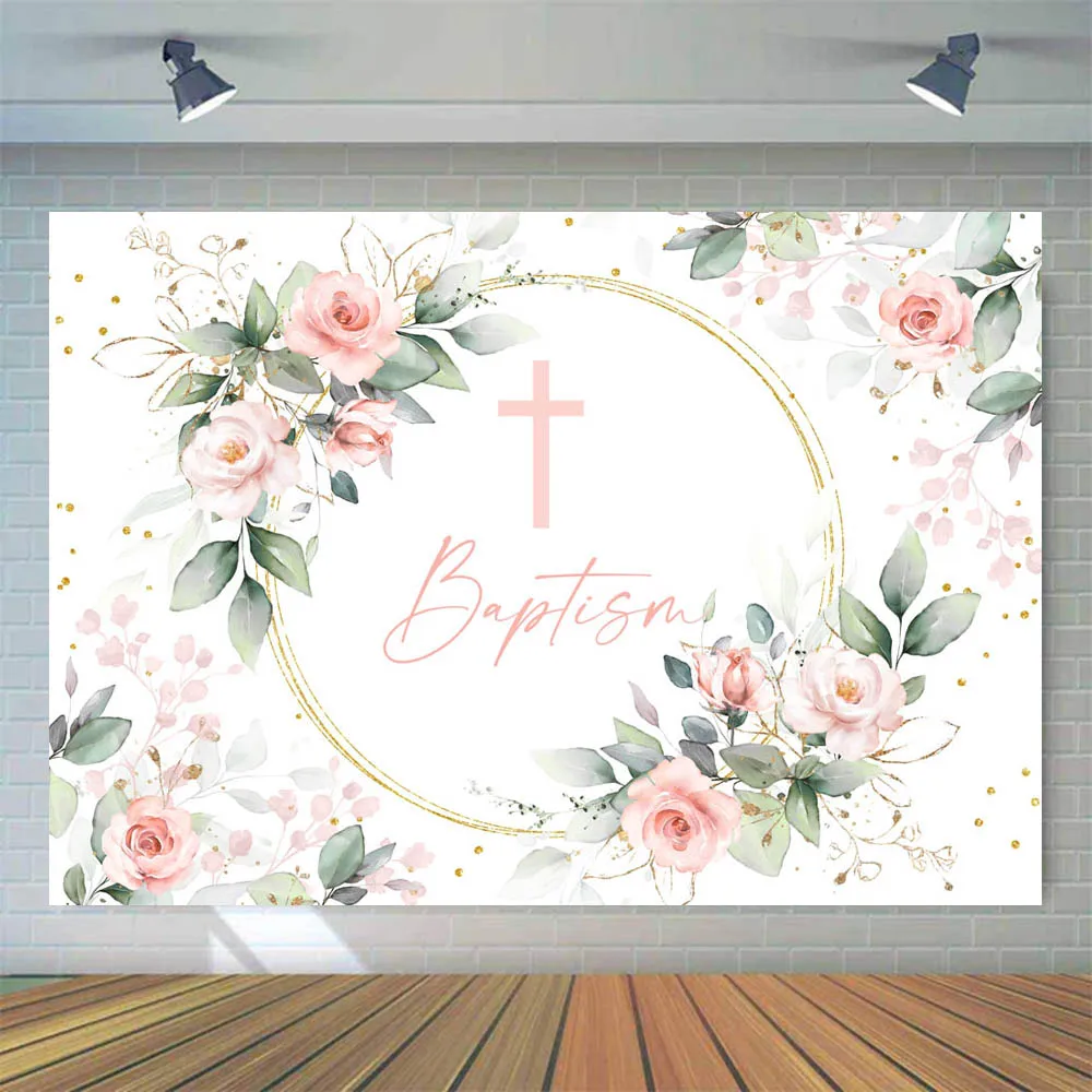 Cross Newborn Baptism Backdrop Girl Christening Baby Shower Photography Background Photo Studio Photoshoot Props Flowers Leaves