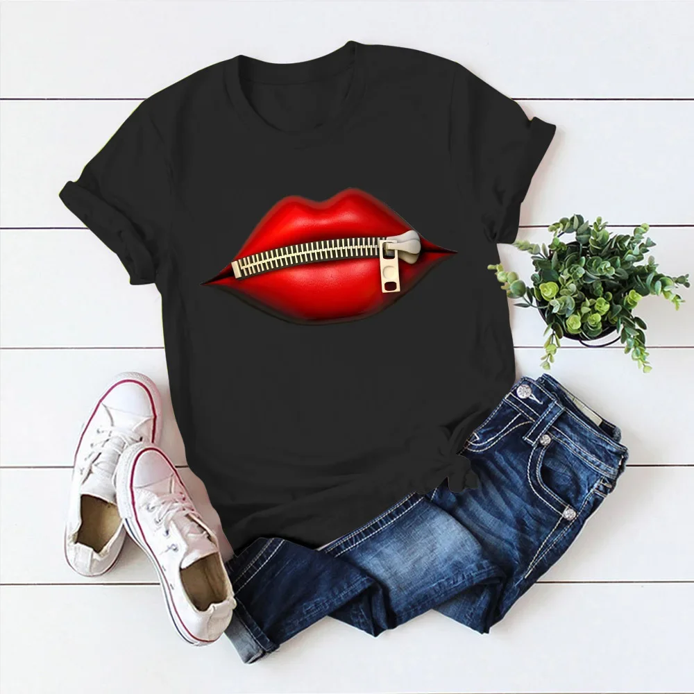 

Fashion Women's Casual Sequins Red Lip T-Shirt Short Sleeve T-Shirts 2024 Vintage Creativity zipper Lips T-Shirt,drop ship