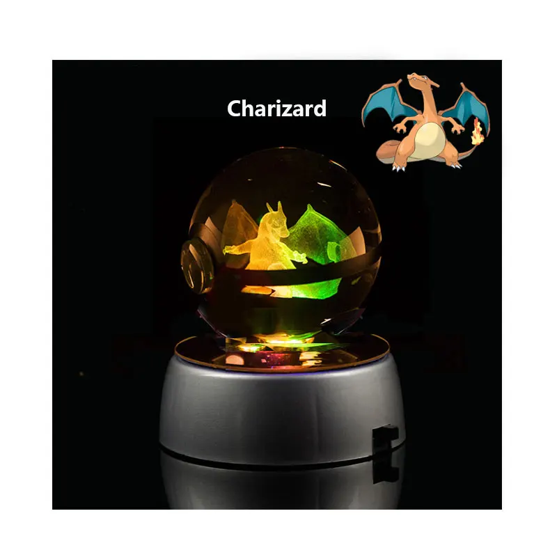 

Anime Pokeball 3D Crystal Ball Charizard Figures Pokemon Crystal Engraving Model with LED Light Base Kids Gift ANIME GIFT