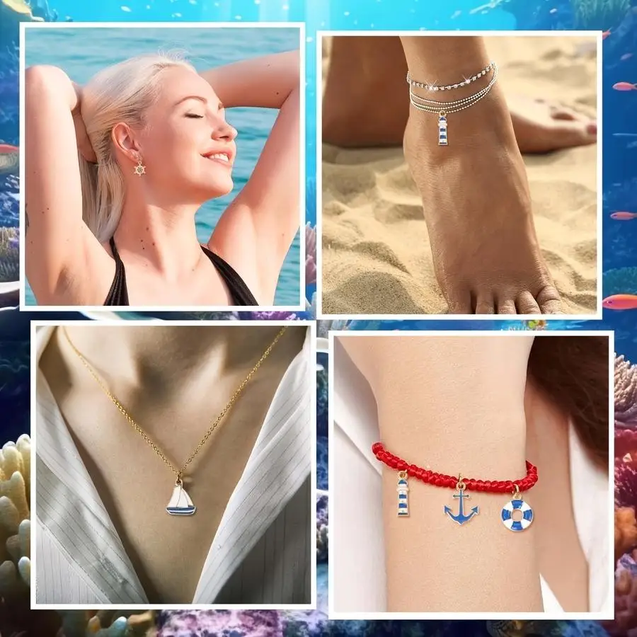 1/5/10/20/50/100pcs enamel nautical charm pieces, a lighthouse charm, an anchor, a buoy, and sail-shaped pendants for use in mak