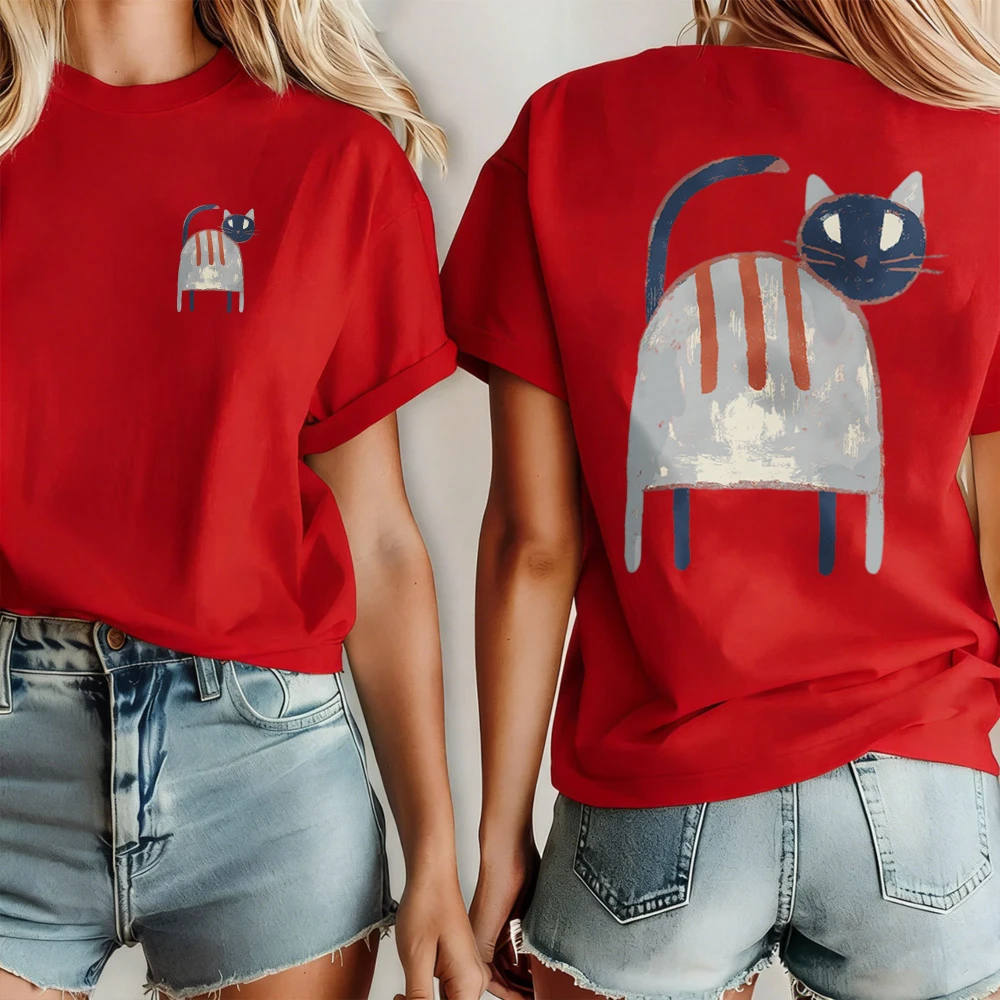 Damen-T-Shirt mit abstraktem Streifenmuster und Retro-Katzenmotiv vorne und hinten, handgezeichneter, schlichter Kätzchen-Kunstdruck, Baumwolle, minimalistisches Oberteil für Tierbesitzer