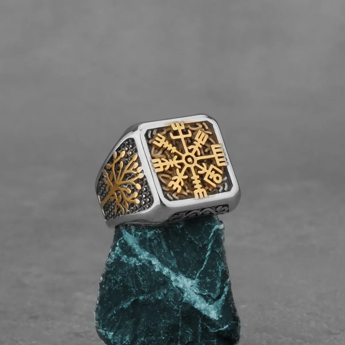 Vintage Viking Compass Ring Men's Stainless Steel Mixed Gold Color Tree of Life Ring Fashion Nordic Biker Punk Hip Hop Ring Gift