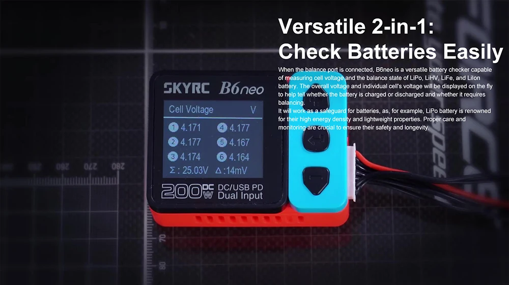 SkyRC B6 Neo Smart Charger DC 200W PD 80W LiPo Battery Balance Charger SK-100198 Compact 6S Charger Discharger