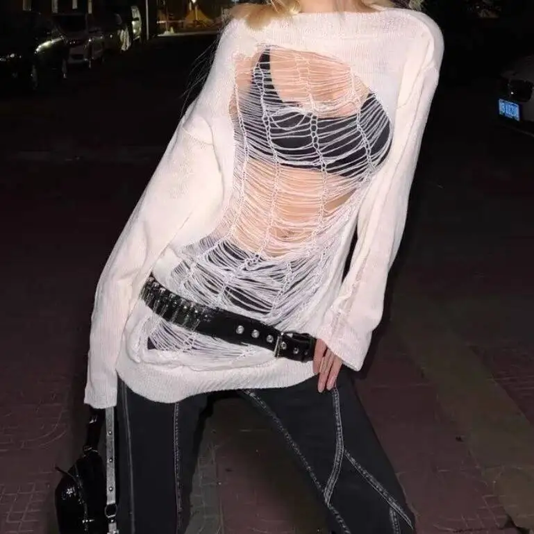 Girl Harajuku Spicy Y2k Millennium Punk Subculture Hollow Tear Off One Collar Off Shoulder Sweater Knitted Sweater view 2
