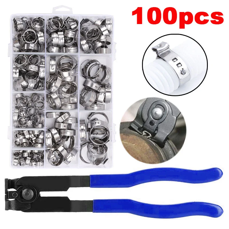 100pcs Metal Pipe Hose Clamps Pliers 5.8-23.5mm 304 Single Ear Stepless Pipe Clamp Cinch Clamp Rings Manual Tools
