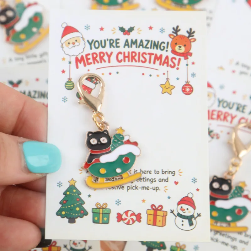 20/24pcs 2dHealing Christmas Sleigh with a Little Black Cat Ornament，Comes with a Christmas greeting card，Create a winter-themed