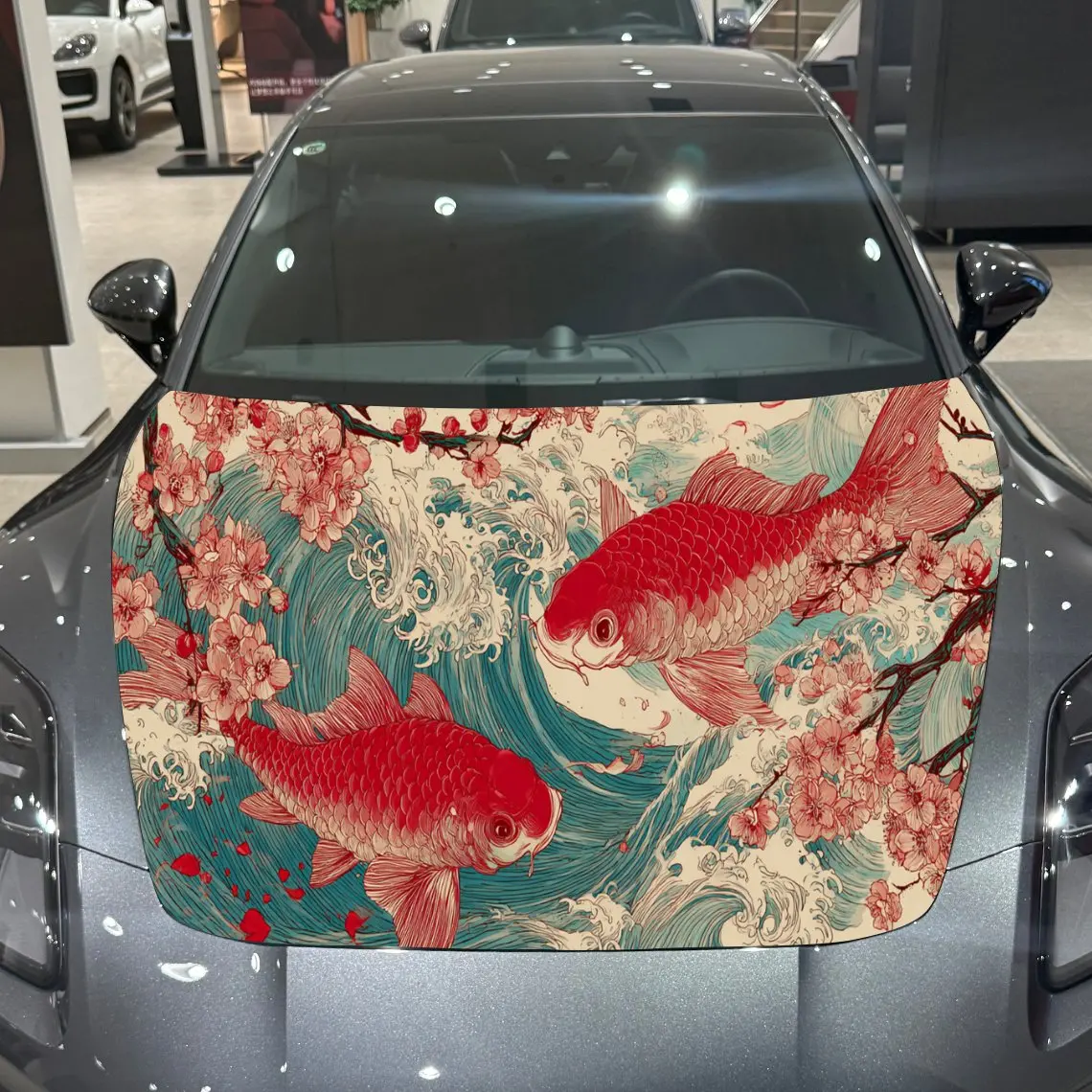 

Japanese Koi Fish Plum Blossom Artistic Voyage PVC Car Hood Wraps, Self-Adhesive Waterproof Car Bonnet Decal Sticker, Car Decora