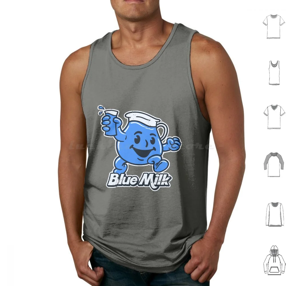 B.lue Leche Camiseta Camisetas sin mangas Chaleco Sin mangas Bebida de leche azul Koolaid Kool Aid Kool Aid Man Milk