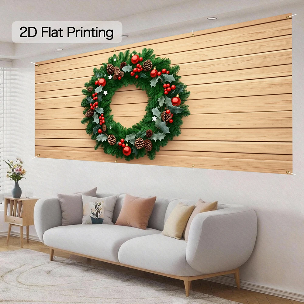 Christmas Holiday Garage Door Banner Wood Grain Backdrop with Wreath Design  Decor for Home Garden Outdoor Parties 13x6FT