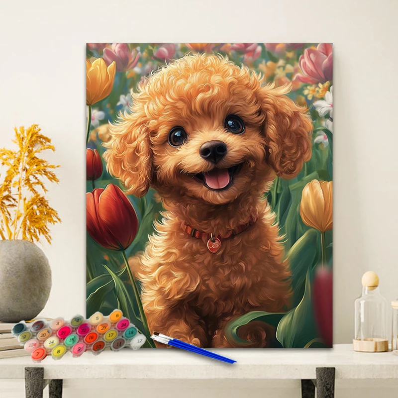 Painting By Numbers Tulips and Poodles Anniversary gift on Digital Painting Canvas Acrylic Paint Image Digital Coloring