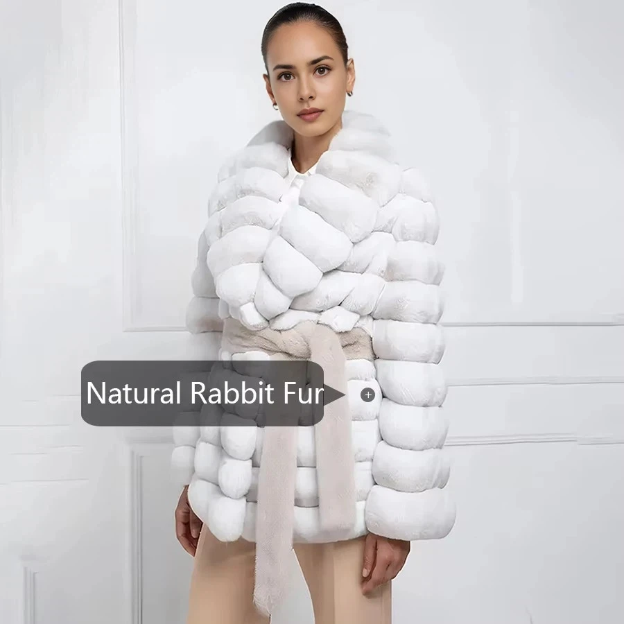 Abrigos de piel auténtica para mujer, chaqueta de piel de conejo Natural con cinturón, abrigo de piel de conejo Chinchilla Rex, chaqueta de invierno de lujo, nuevo