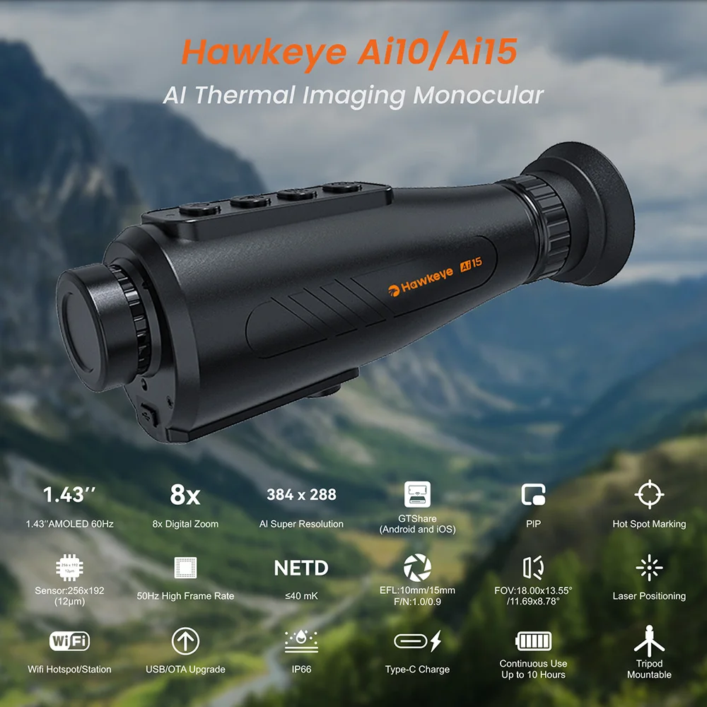 Hawkeye Ai15 Thermal Monocular - 10H Battery, AI Super-Resolution 384x288, 256×192 Sensor, IP66 - for Hunting/Camping/Surveillan