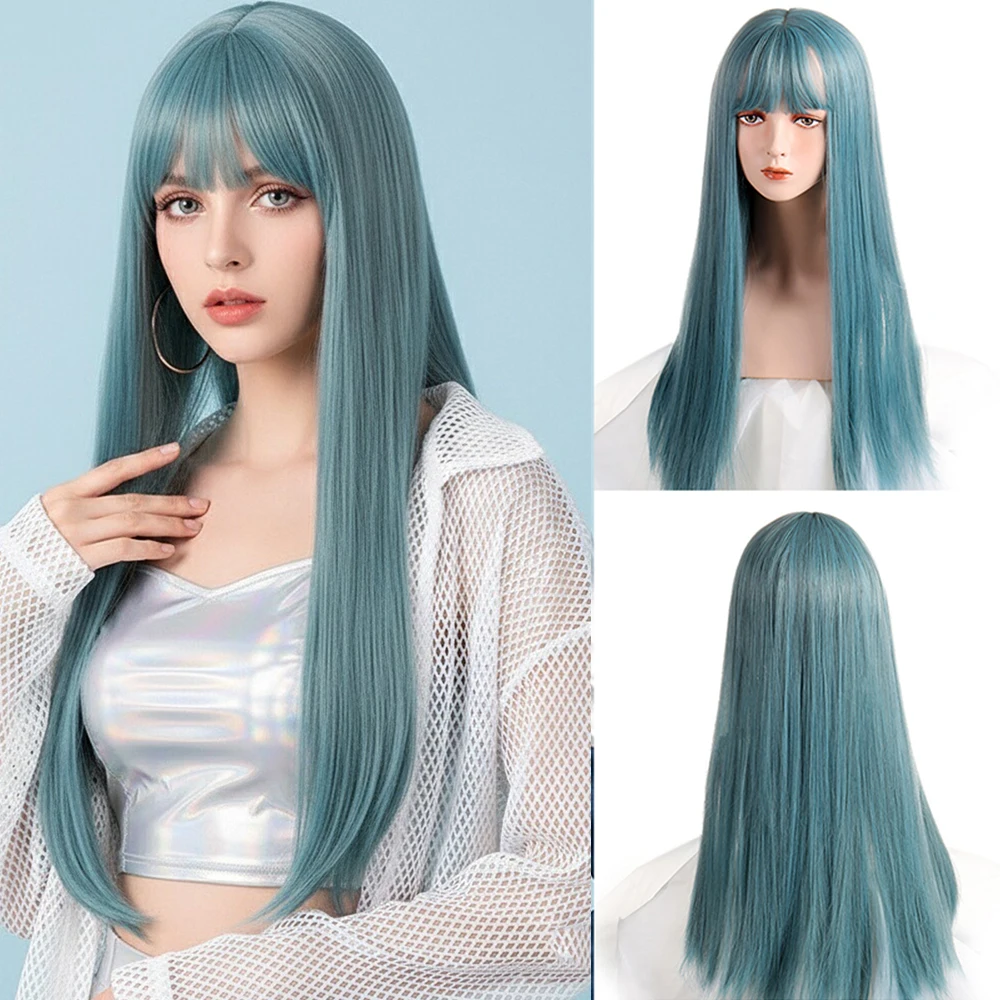 

Long Straight Blue Green Synthetic Wig with Bangs for Women Cosplay Lolita Halloween Party Fake Hair Heat Resistant