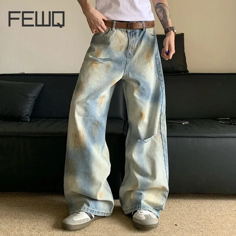 FEWQ Dyed Straight Leg Jeans Washed Worn Out Loose Wide Leg Long Pants 2024 New Korea Fashion Male Trousers Casual 24E1429