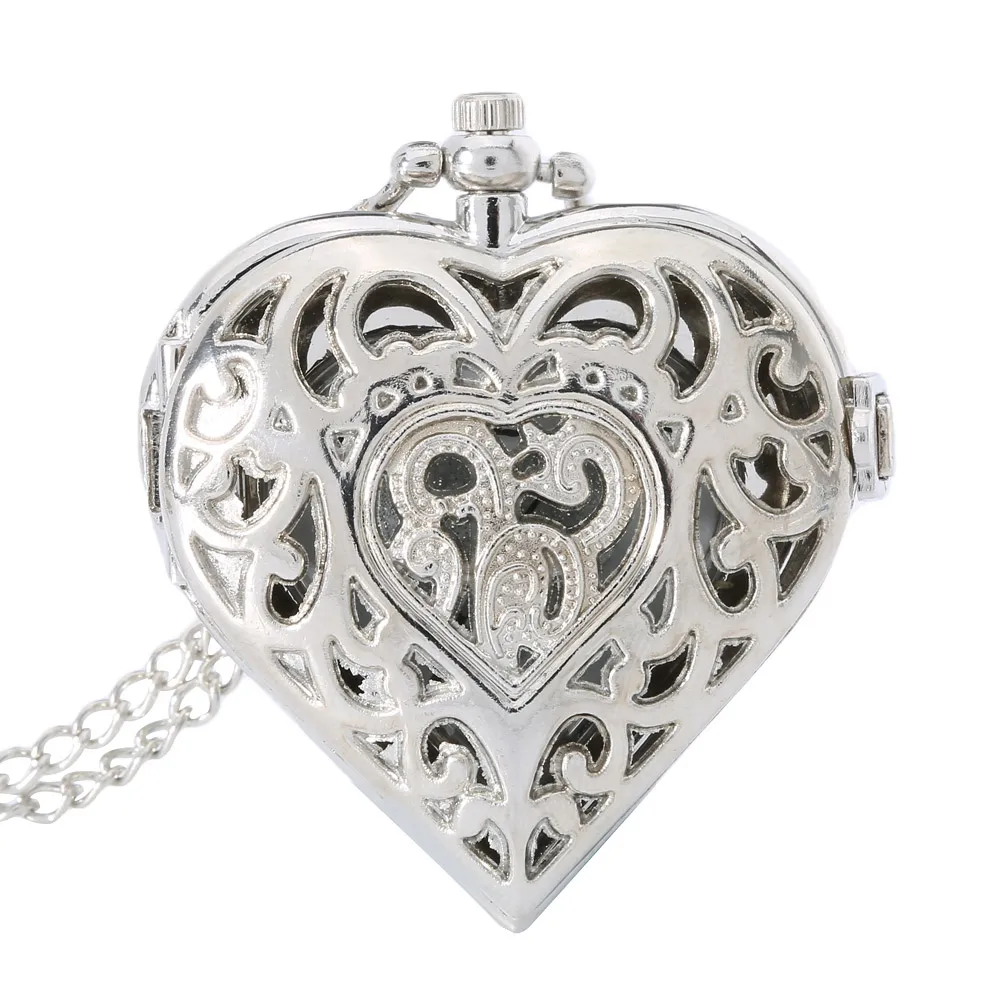 Fashion Silver Heart Shaped Lovely Hollow Elegant Quartz Pocket Watch Necklace Pendant for Women Ladies Girl Birthday Gift