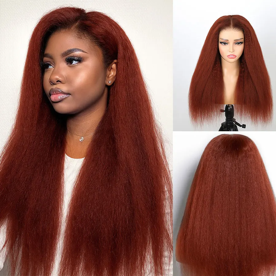 البني المحمر ياكي غريب شعر طبيعي مفرود شعر مستعار 13x4 قبل قطع الدانتيل الجبهة غلويليس قبل قطعها شعر مستعار طبيعي