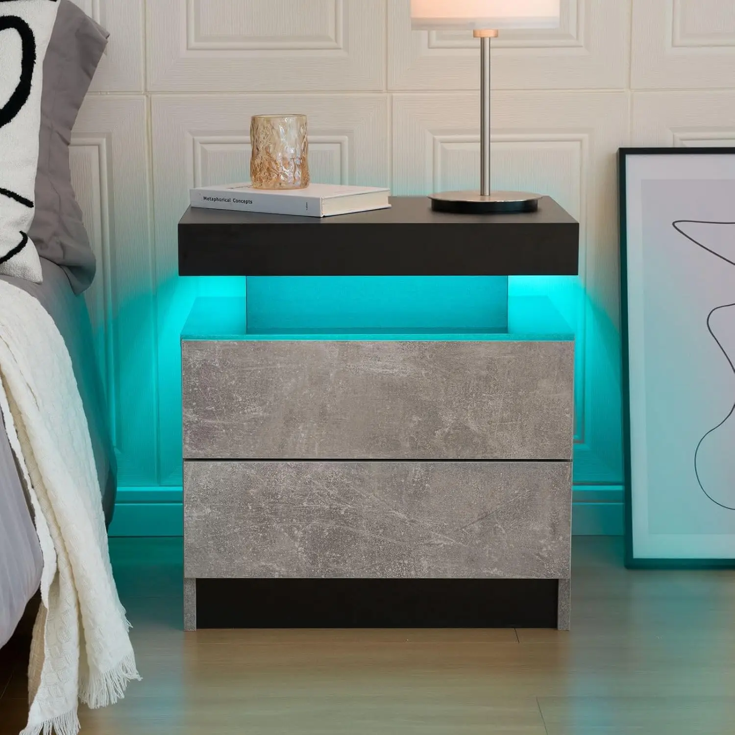 

Bedside Table With 2 Drawers, Led Nightstand Wooden Cabinet Unit With Led Lights For Bedroom, End Table Side Table For Bedroom