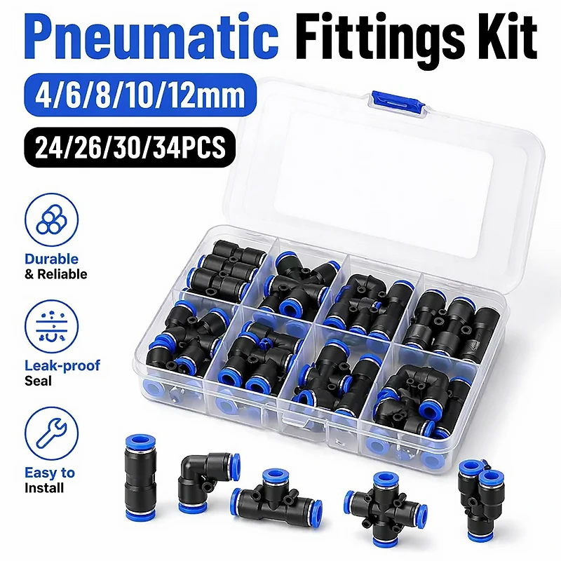 4 6 8 10 12mm Pneumatic Push In Fittings Kit Air Hose Tube Quick Release Connectors Straight Elbow Tee Y Cross Storage Box