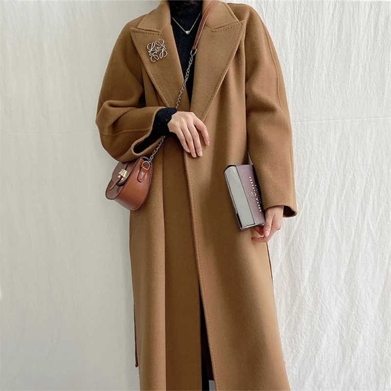 

New High-end Double-sided Wool Coat Autumn Winter Women Long Temperament Lace-up Jacket Solid Elegant Warm Fashion Outerwear