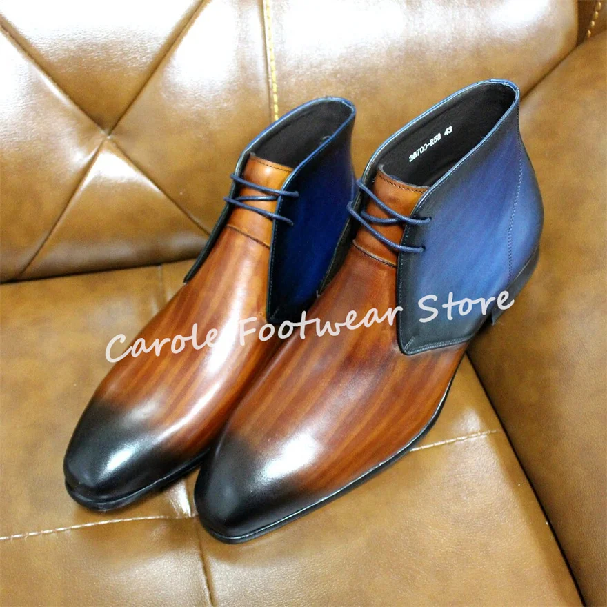 

High Top Round Toe Chunky Heel Ankle Boots for Men Wedding Business Dress Shoes Male Mixed Color Genuine leather Lace-up Boots