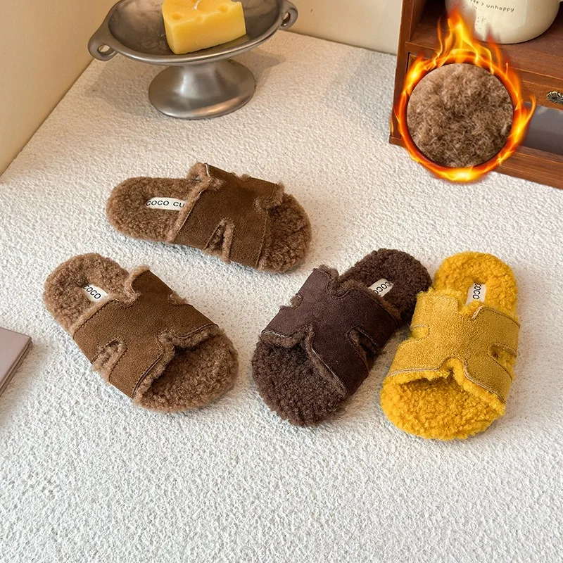 

Girl Xiaoxiangfeng Warm Retro Fluffy Slippers Autumn and Winter Advanced Sense Outer Wear Plush One-word Cotton Slippers