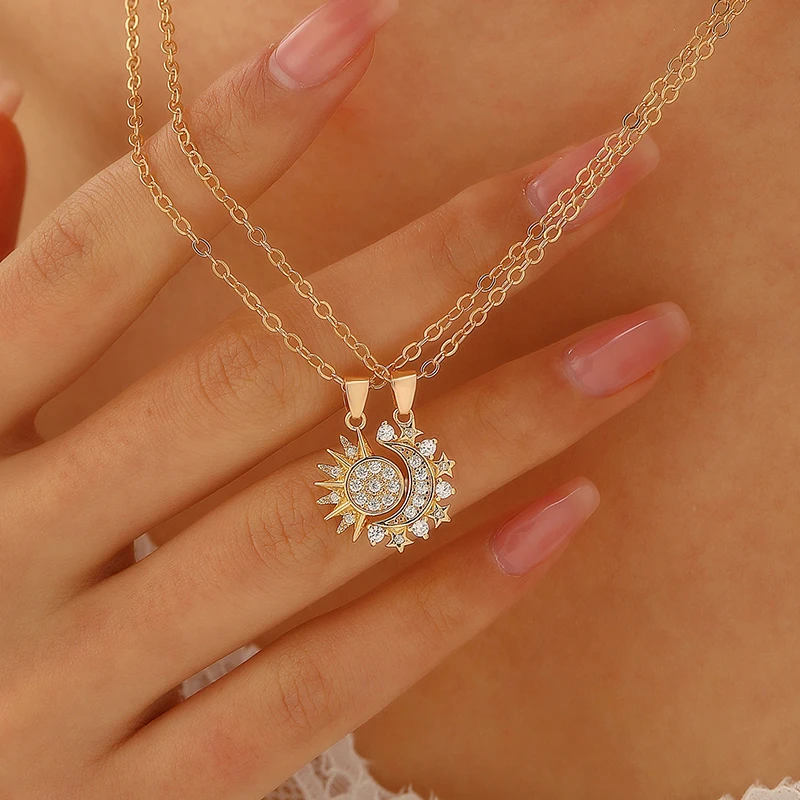 2-teiliges Set Magnetische Sonne-Mond-Anhänger Halsketten für Frauen und Männer Metall Zirkon Strass Sonne-Mond Paar-Halsketten Set Schmuck Geschenke – Detail 5