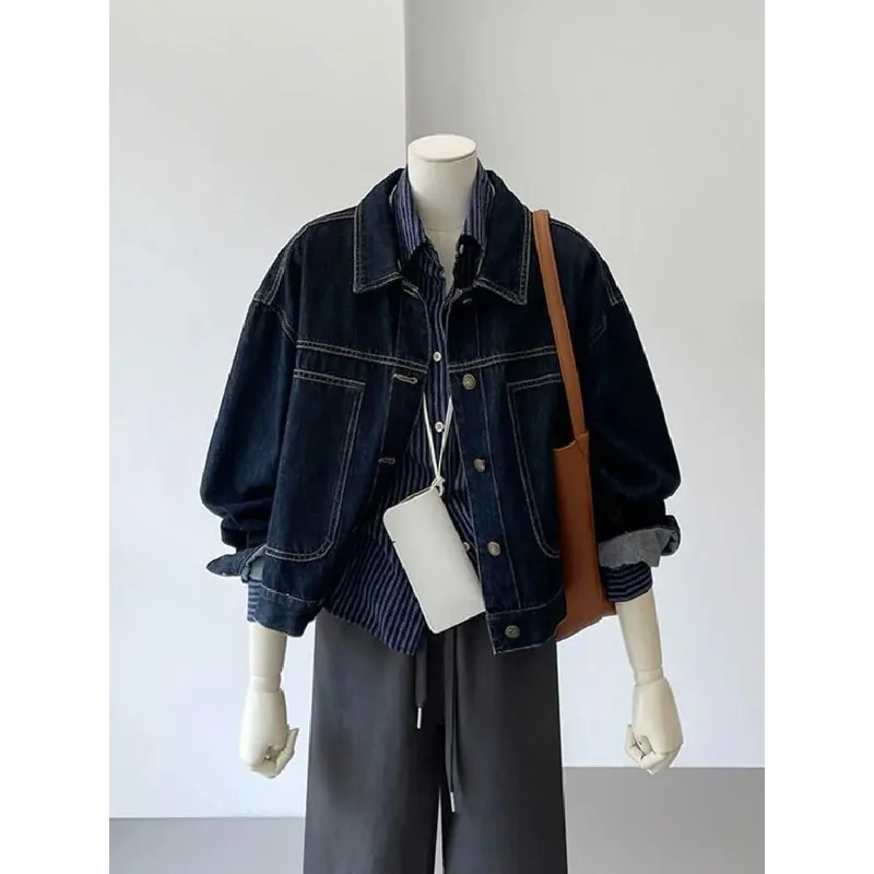 

Women's Autumn and Winter Hong Kong Style Navy Blue Lapel Jacket Bf Style Loose Fit Retro Workwear Denim Jacket