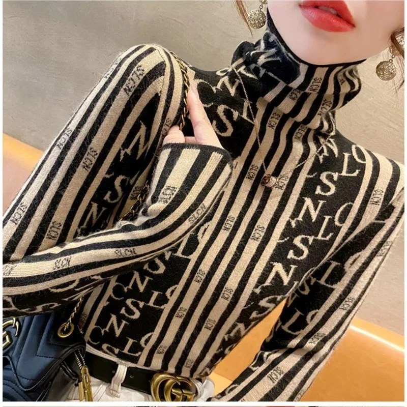 Women\'s Turtleneck Sweater Winter Fashion Commute Striped Letter Printed Long Sleeved Slim Thick Pullover Knitted Bottom Tops