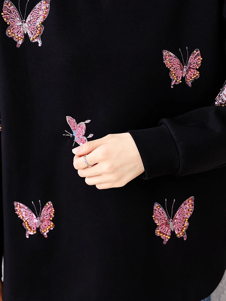 Women Sweatshirts Beaded Long Sleeve O Neck Black Sweatshirts Female 2024 New Fall Winter Pullover Loose Casual Oversized Jumper