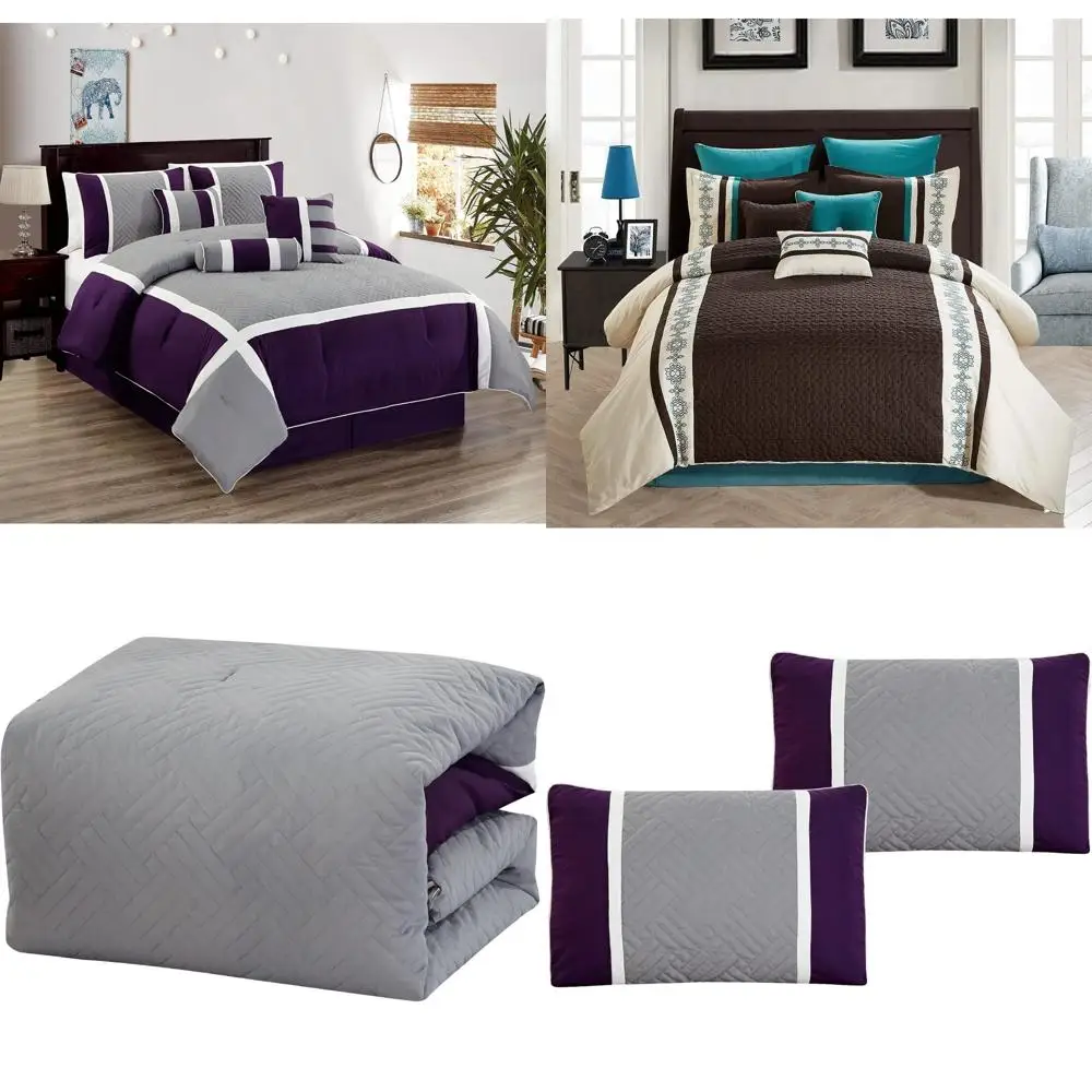 

Фиолетовый и серый набор из 7 предметов с вышивкой для кровати размера «queen-size»