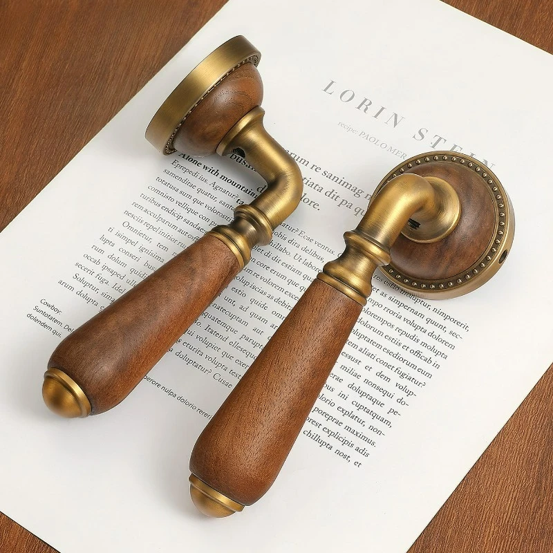 Vintage Yellow Antique Bronze Walnut Wood Handle, Antique Style Bedroom Door Lock, Universal Silent Door Lock