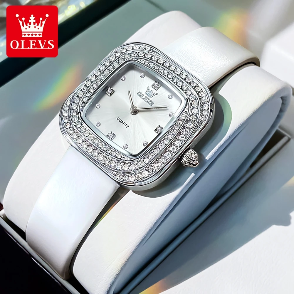 OLEVS 5512 Diamond Woman Watch Original Leather Strap 30m Waterproof Ladies Wristewatch Luxury Elegant Square Women's Watches