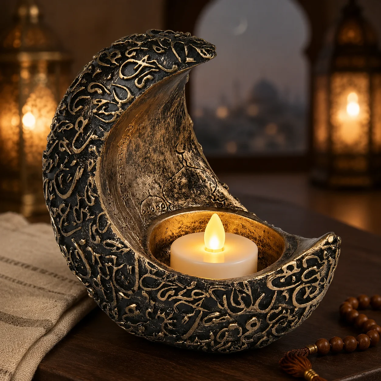 Ramadan Crescent Moon Candle Holder Resin Islamic Arabic Calligraphy Tealight Stand for Eid Mubarak Home Table Decor