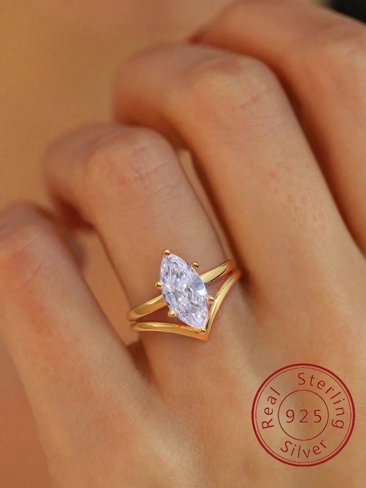 925 Sterling Silver Simplicity V-Shap Marquise Zircon Ring For Women Anniversary Wedding Luxury High Quality Fine Jewelry