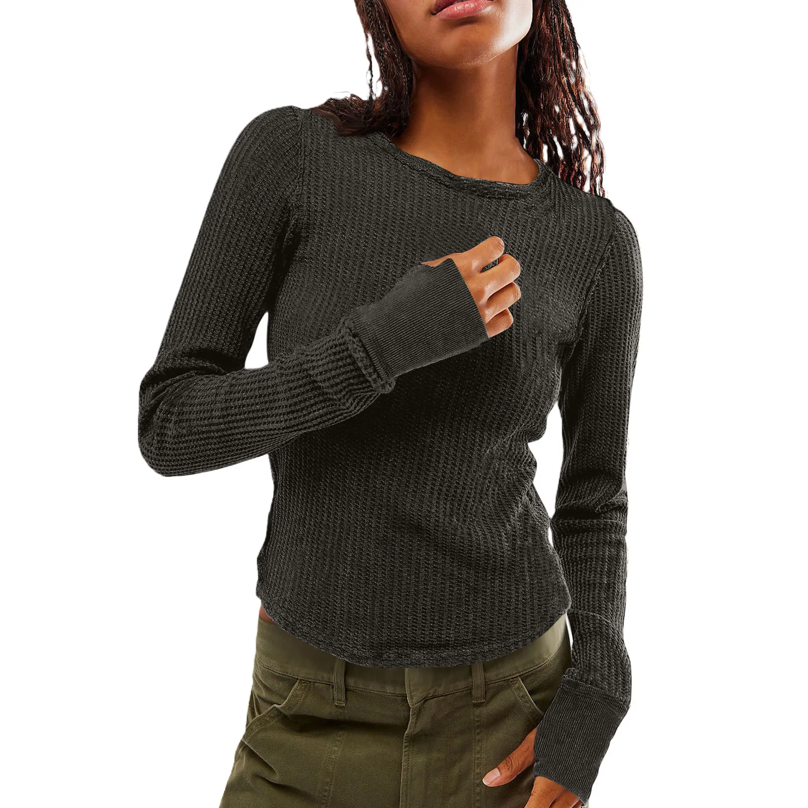 Women'S Solid Bottom Shirt Round Neck T-Shirt Slim Fitting Long Sleeved Waffle Pullover Tops Female Streetwear Casual Base Tees