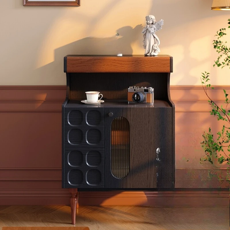 

Retro small apartment living room sofa against the wall side cabinet storage cabinet ash wood black tea cabinet