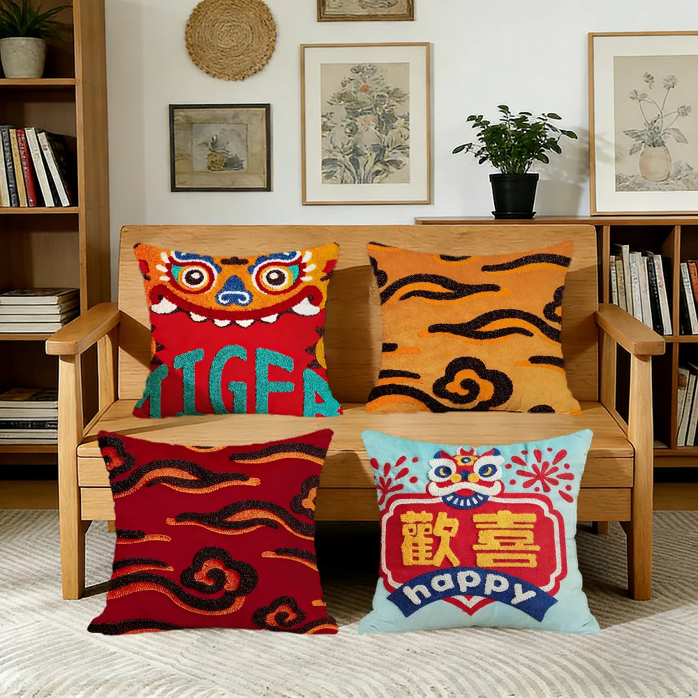 Joy Chinese Dance Lion Cushion Cover for Pillow Printing Sofa Decoration Home Car Room Coffee Shop Office Nordic Simplicity